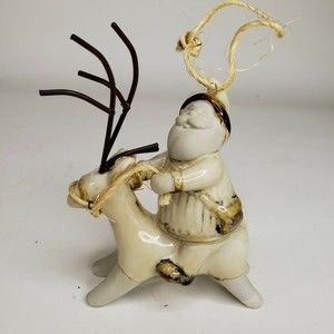 Stoneware Ceramic Santa Riding Reindeer Christmas Ornament Country Rustic